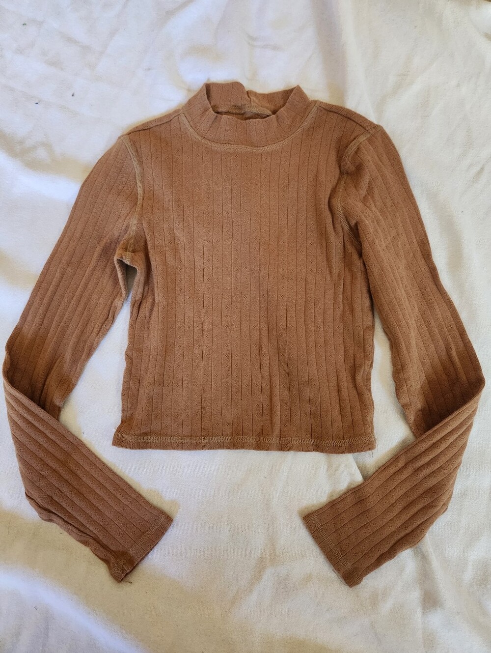 American Eagle Ribbed Mock Neck Long Sleeve Top Tan Small